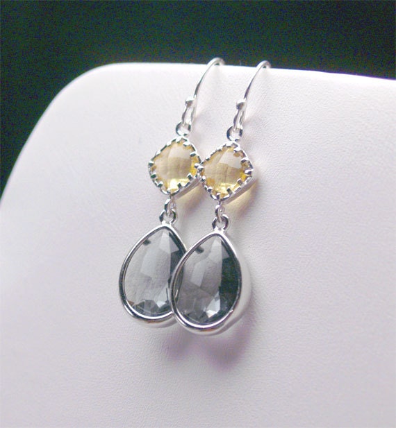 Charcoal Gray Earrings with Yellow - Yellow and Gray Earrings - Sterling Earwire - Bridesmaid Earrings, Wedding Jewelry