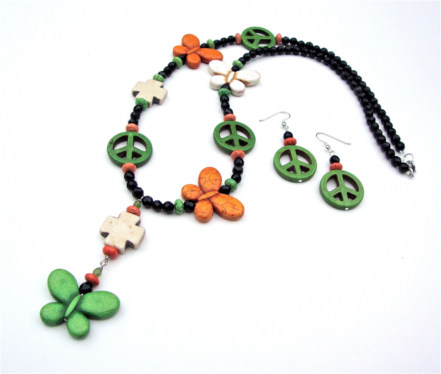 Long bohemian peace sign necklace and earring set - orange, black and green butterfly necklace by Sparkle City Jewelry