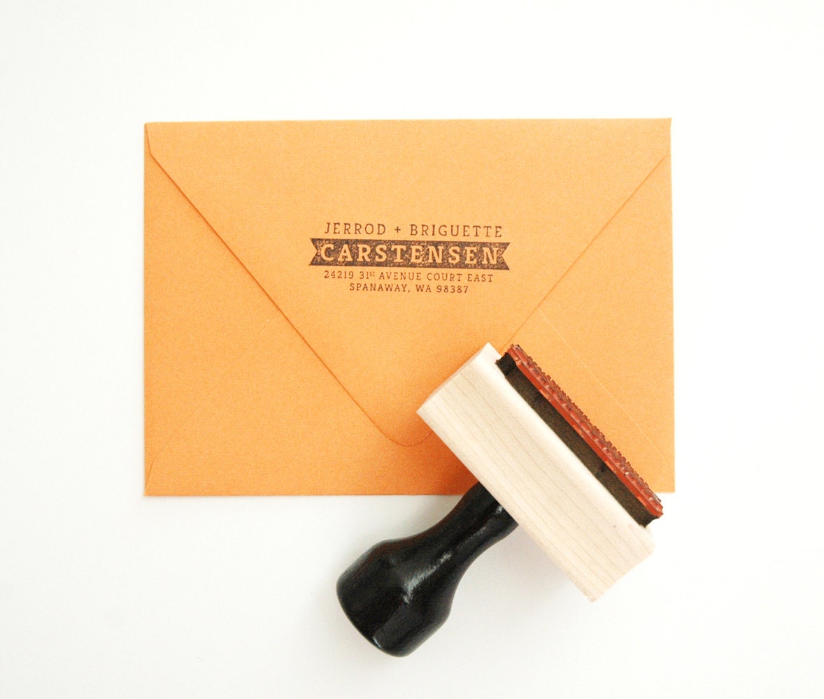 Custom "Ribbon" Return Address Stamp - for Invitations, Mom, House-warming, or Gifts - Wood Mounted, Handle & Eco-Friendly Rubber