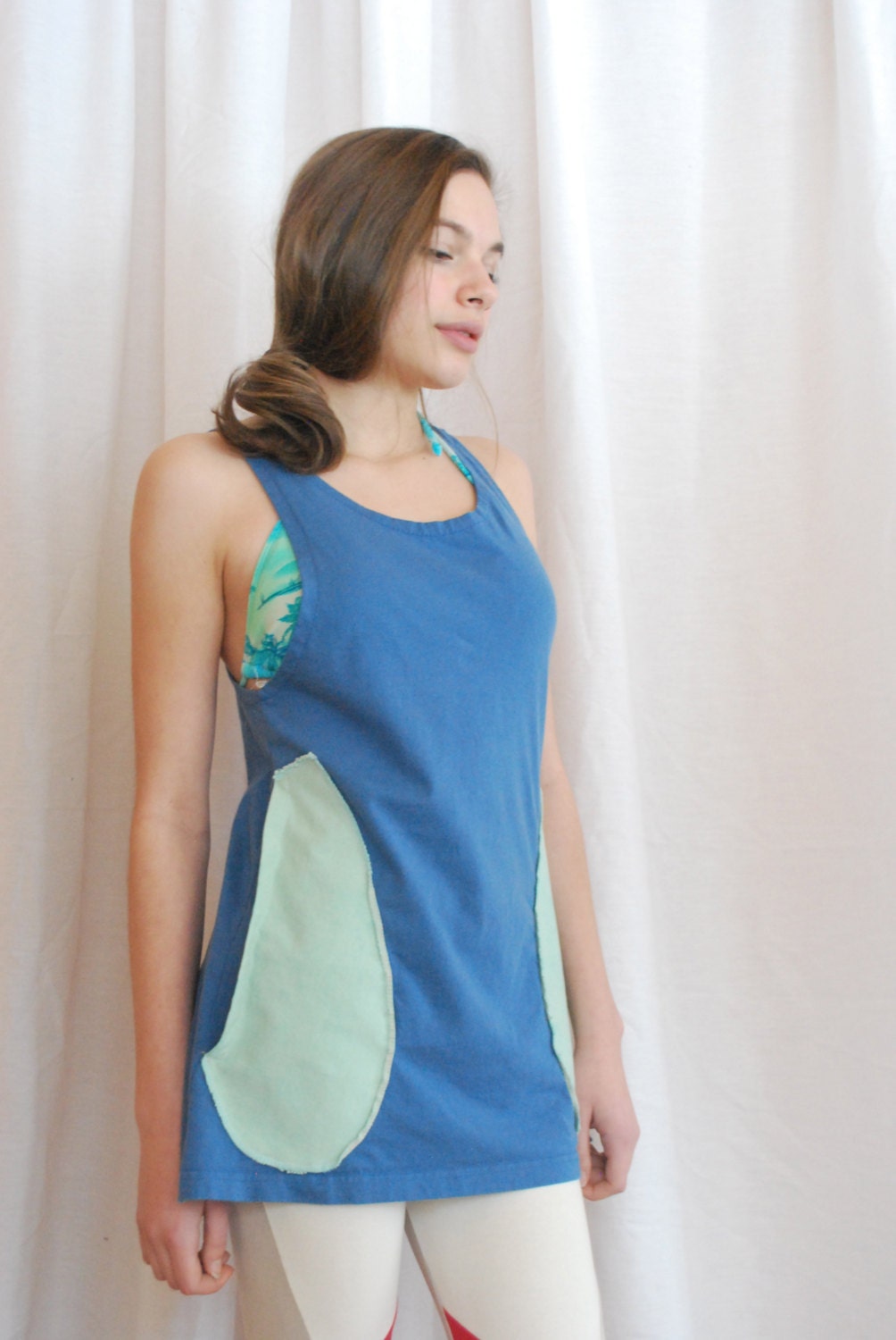 Recycled Eco Fashion Blue Racerback Tunic in Blue and Mint. Size Small