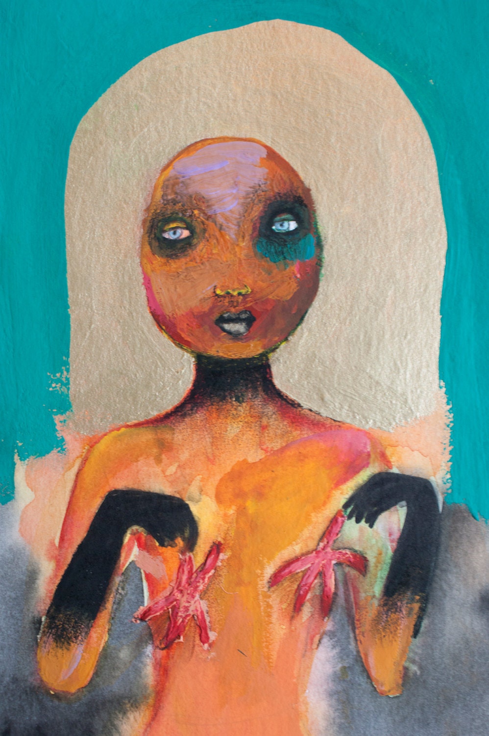 Gratis verzending / Origineel schilderij van naakt meisje met zeesterren / mixed media / 24 x 32cm / goud / turquoise groen