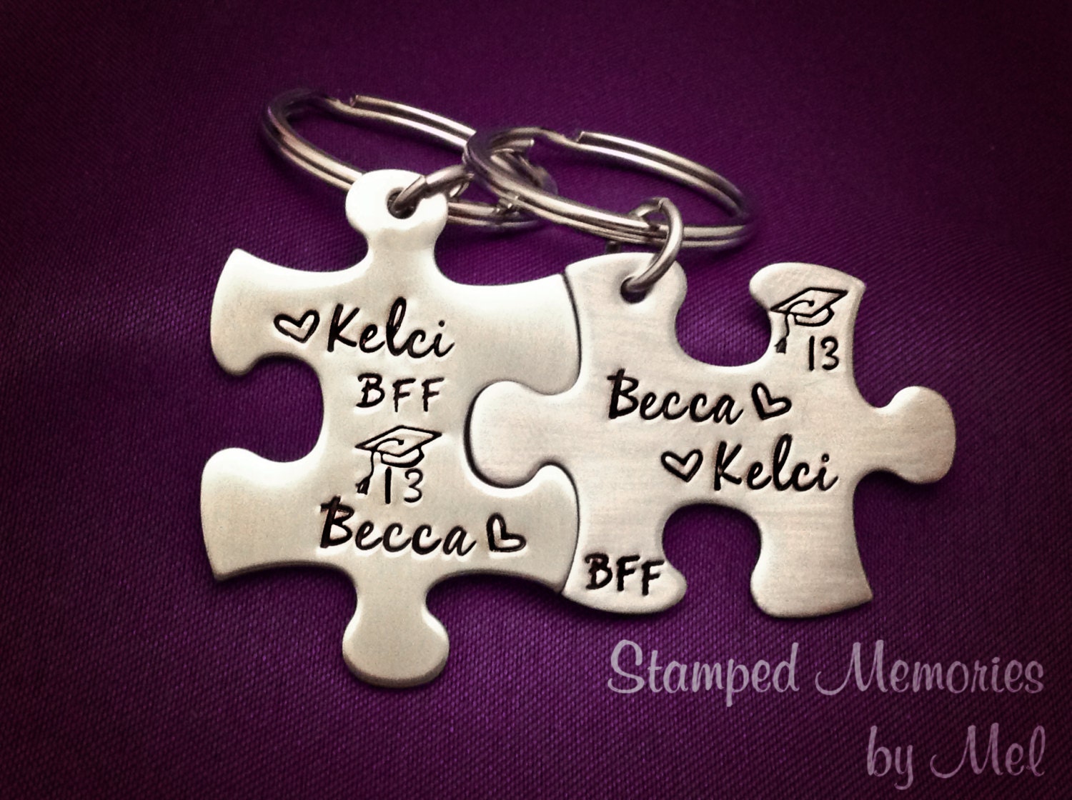 Best Friends Graduation Key Chain Set - Hand Stamped Stainless Steel - Matching, Interlocking Puzzle Pieces - Grad Gift for BFF
