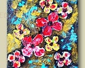 ORIGINAL ABSTRACT ACRYLIC, Painting Canvas Pink Red Blue Black Flowers Floral Modern  Art Gallery 8" x 10" Wall Decor  by Brigite