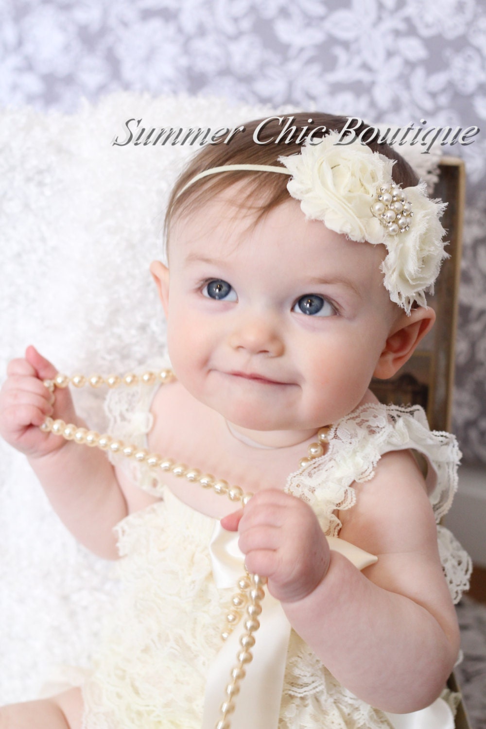 Ivory Baby Headband, Infant Headband, Newborn Headband - Shabby Chic Headband Ivory Headband , Ivory Shabby Chic Headband