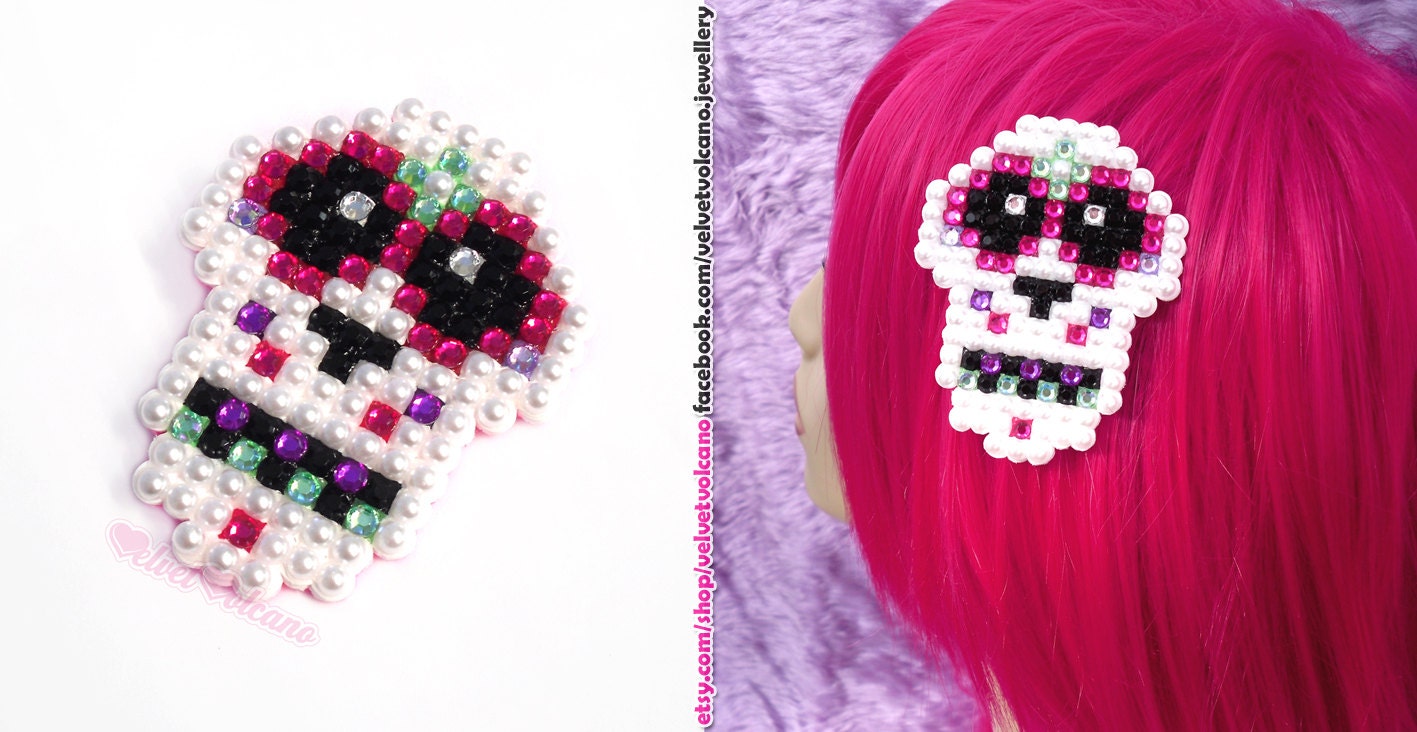 Sparkly Sugar Skull Calavera Hair Clip Dia De Los Muertos - Crystal Encrusted - Psychobilly Rockabilly - You Choose Your Colours