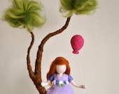 Girls Mobile Waldorf inspired needle felted : Girl in purple with  balloon