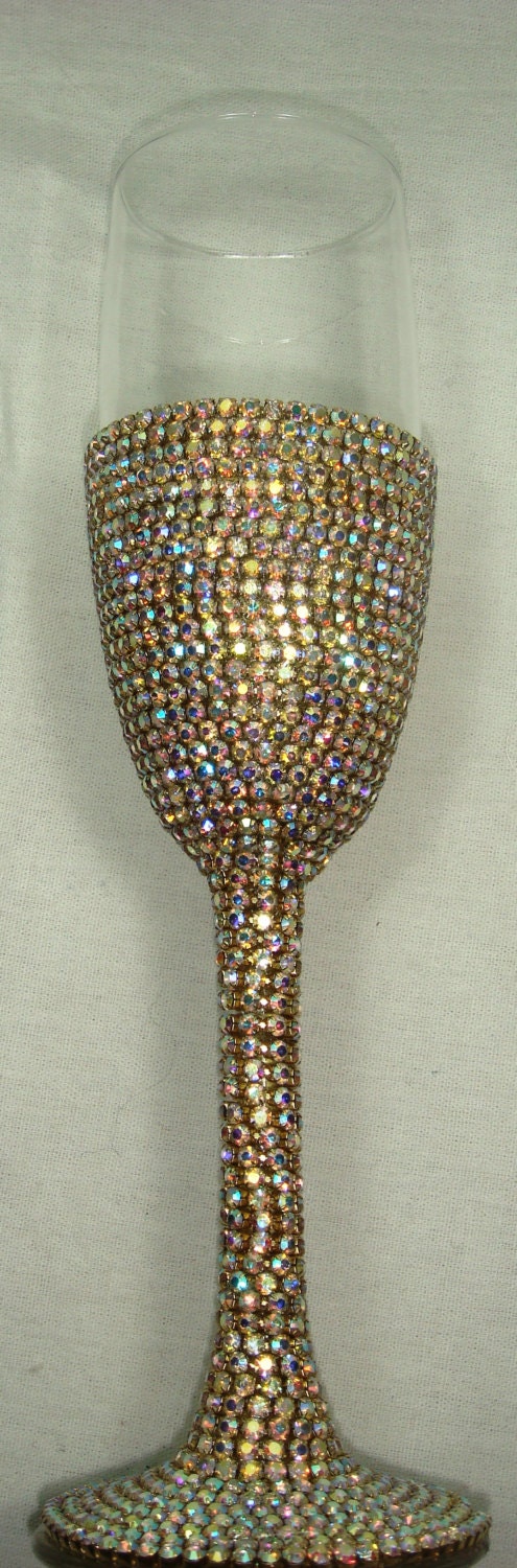 Custom designed handmade wedding flute with multicolor rhinestone elements