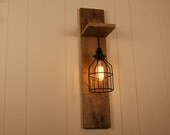Cage Light Chandelier Wall Mount Fixture - Cage Lighting - Edison Bulb - Upcycled Wood