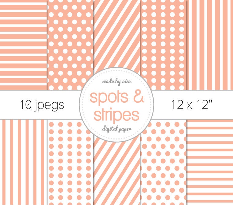 Peach Spots and stripes Digital Paper Pack of 10 - INSTANT DOWNLOAD 12x12"