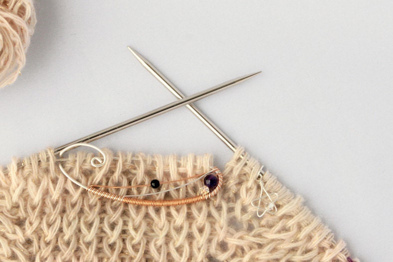 Celestial Amethyst Knitting Tool Set with Silver Stars - Handmade in Sterling Silver and Bronze Featuring a beautiful Amethyst Stone