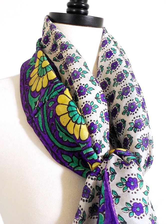 Small Silk Sari Scarf, Purple Silk Scarf, Neck Scarf, Floral Scarf, White Floral Shawl, White Silk Wrap