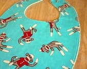 Teal Sock Monkey : Plastic Lined Bib