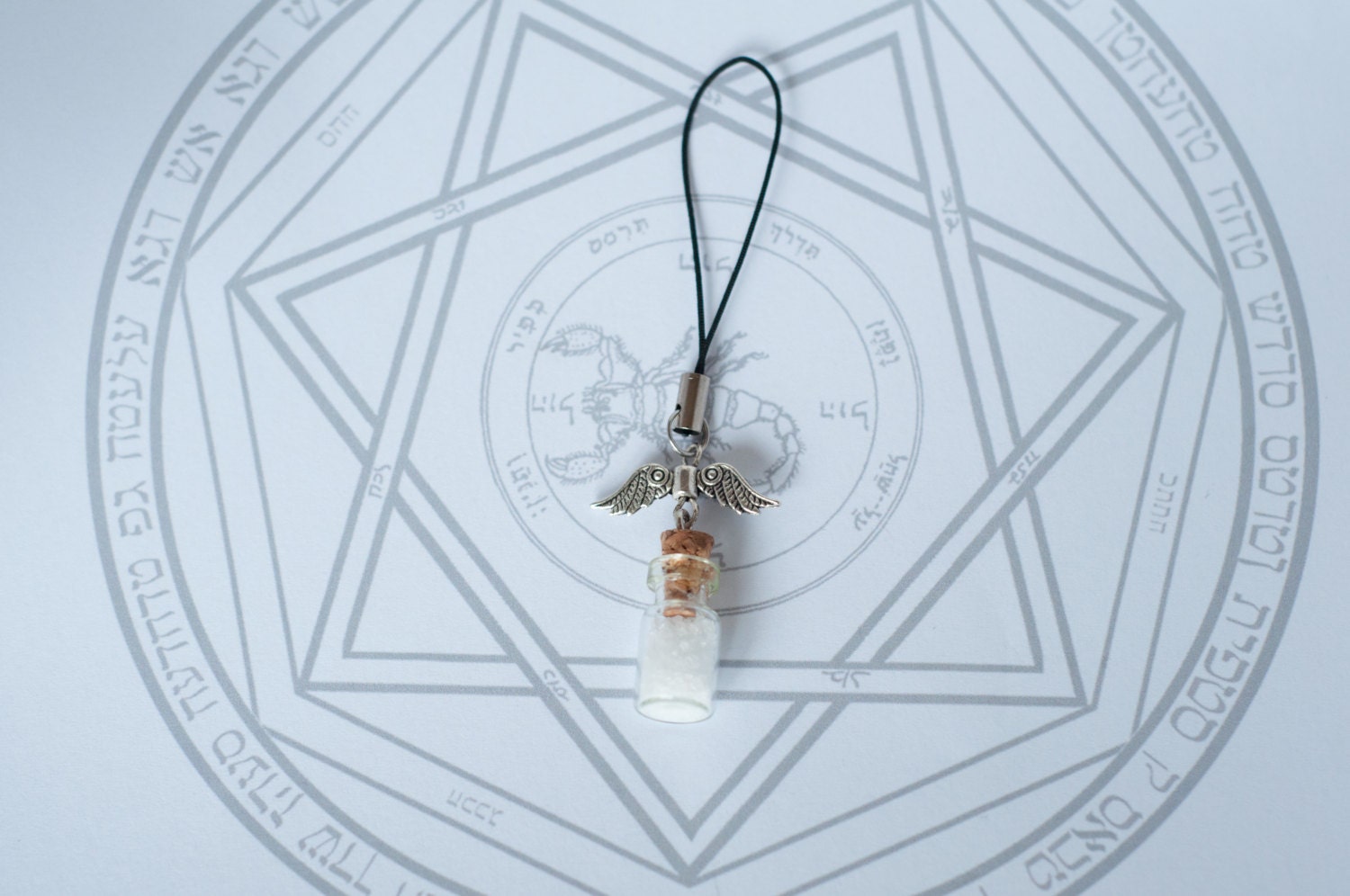 Angel Hunter - Supernatural phone charm with miniature salt vial and beautiful angel wing beads