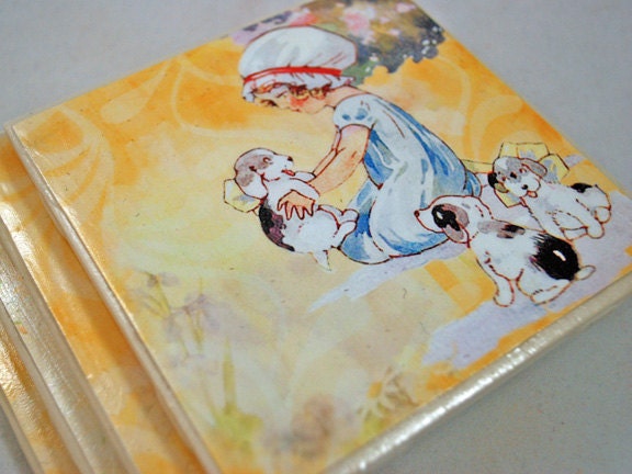 CHILDREN COASTERS - Children of Old Coasters - World War II Prints Repurposed Into Coasters - Summer Color Coasters