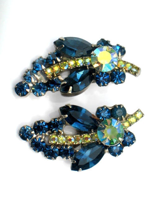 JULIANA Earrings Cobalt Blue AB Green Vintage Collectable Jewelry High Fashion Verified D&E