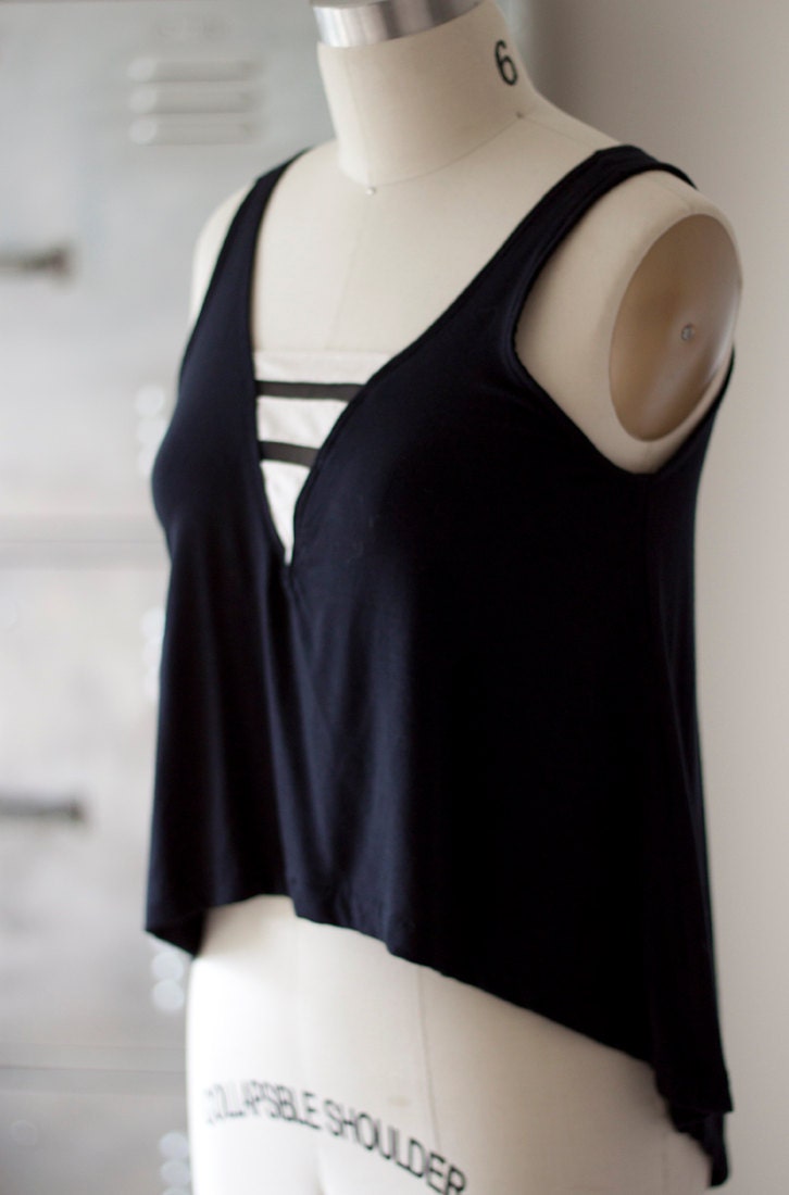 Geometric crop top - black and white jersey with striped triangle insert, minimal  fashion bohemian shirt for women - medium murmuration