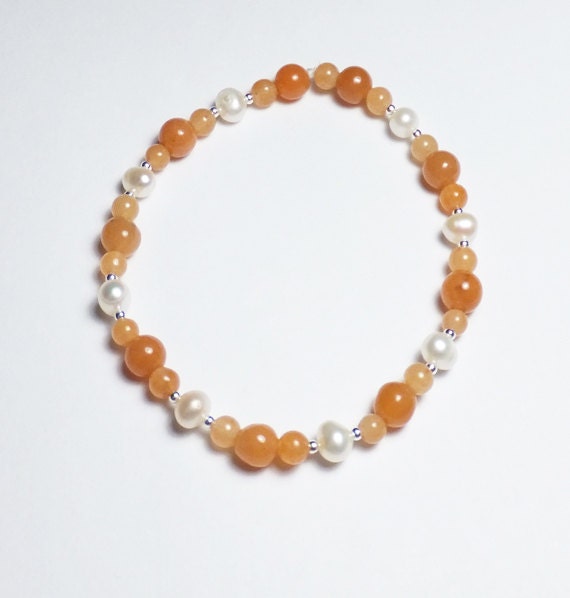 Red Aventurine, Freshwater Pearl, and Sterling Silver Beadwork Stretch Bracelet