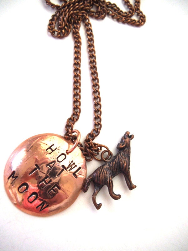 Wolf and Copper Moon Metal Stamped with "Howl At The Moon", Werewolf, Personalized Stamped Jewelry