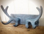 BOLD rustic modern cast iron deer antler wall hook // coat rack towel hook // calming slate blue grey // shabby cabin cottage chic
