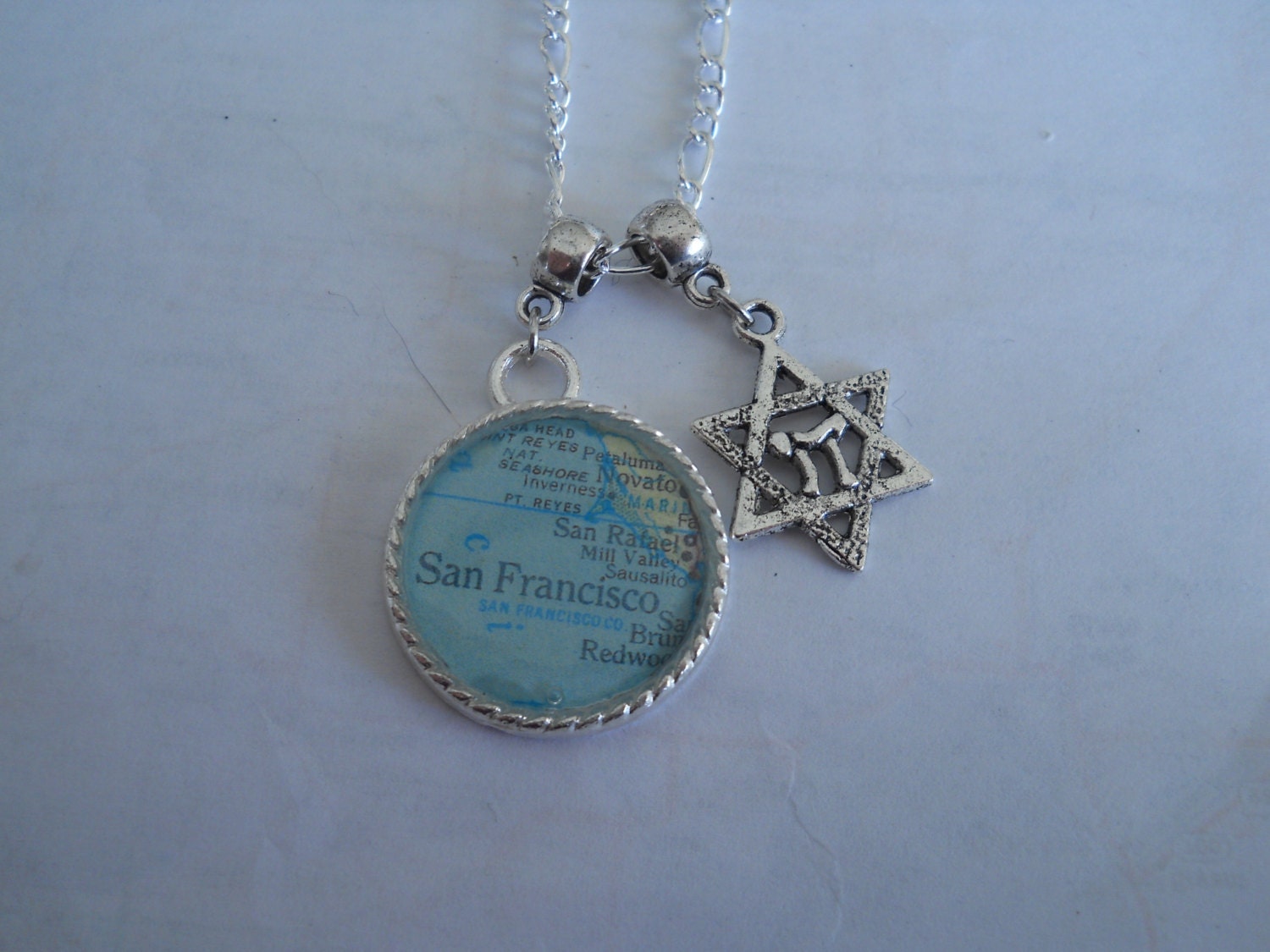 Star of David and Chai with World Map of Any Location Pendant Necklace  - Bat Mitzvah. Bar Mitzvah.