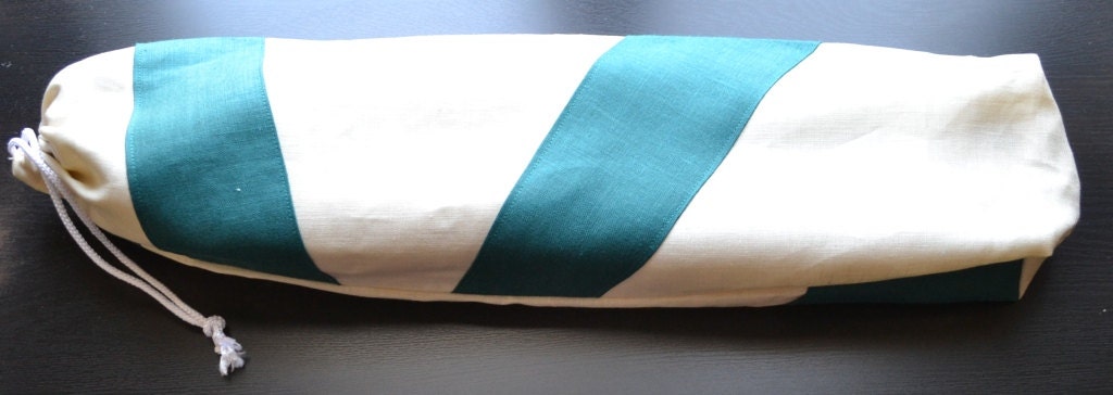 Linen Bread Bag - Beige and Teal - Baguette Bag