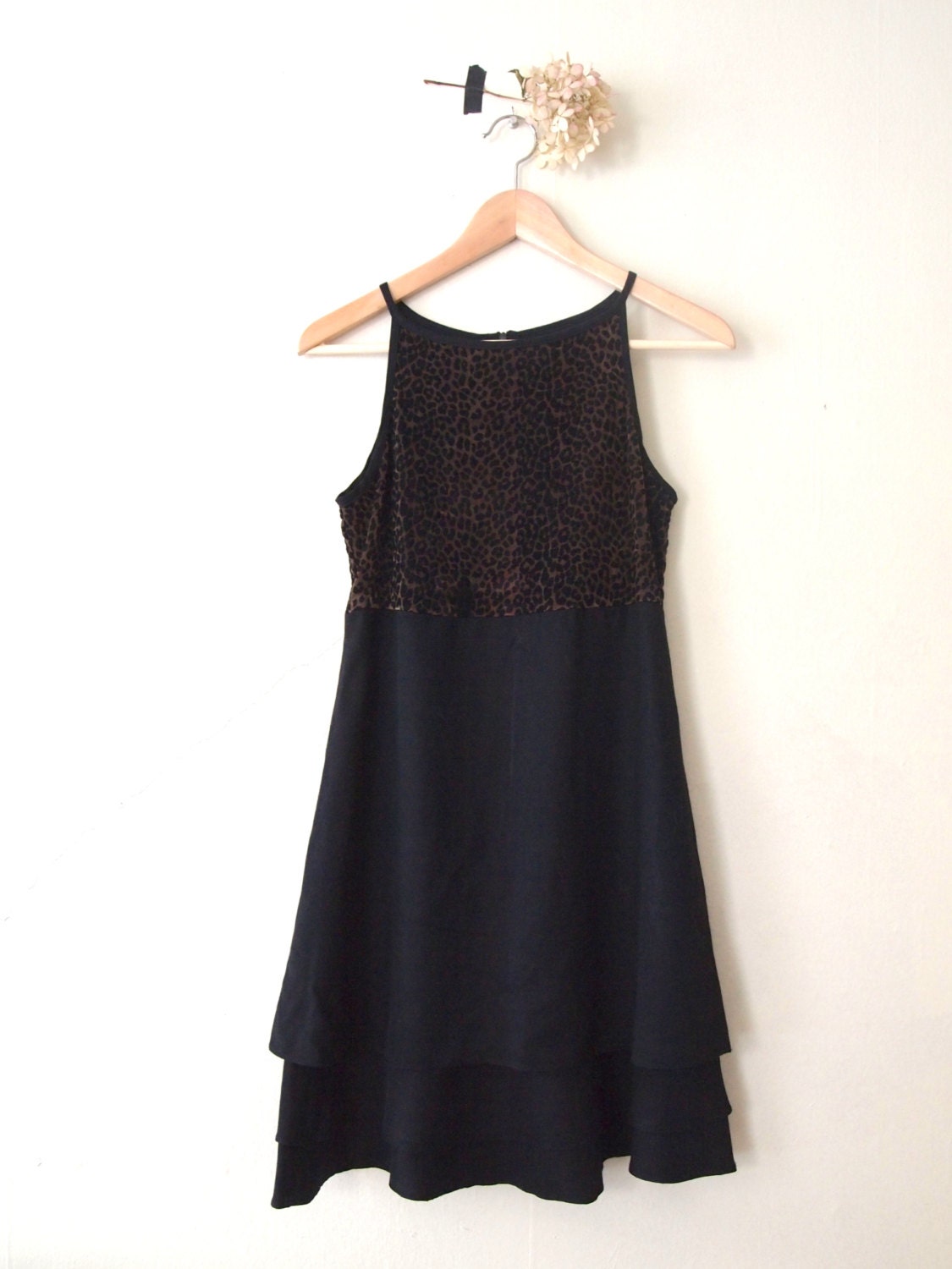 90s High Neck Black & Leopard Babydoll Dress