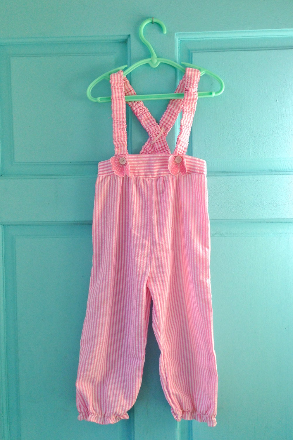 Vintage Pink and White Stripped Butterfly Button Overalls