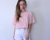 90s Silk Pleated Button Up Blouse Top // Pink // Pastel