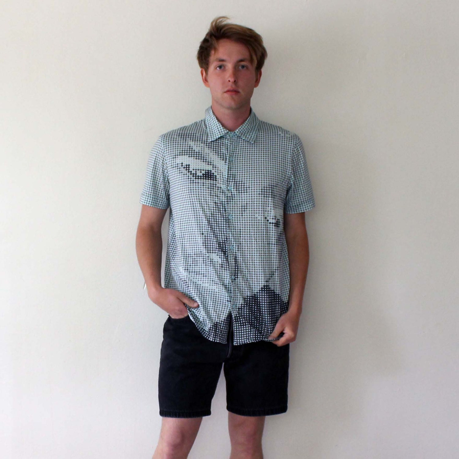 90s Club Kid Button Up // Polka Dot Face Illusion Collared Graphic Shirt