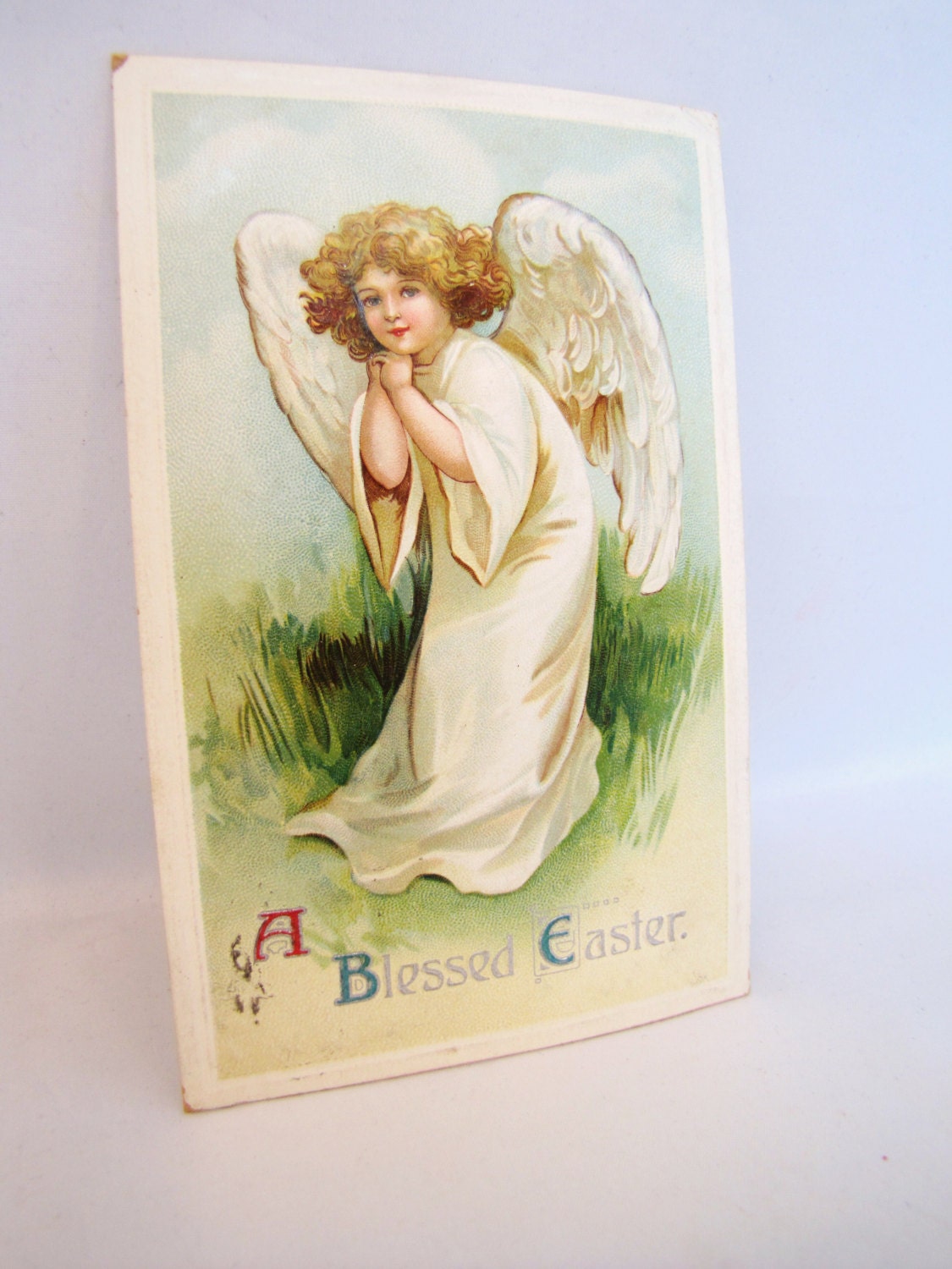 Vintage Postcard. Easter. Angel. Religious. Old post card. paper ephemera. Shabby chic decor. PASTEL