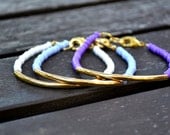 Ombre Bracelet Trio - Purple, Periwinkle, and White Czech Seed Bead Gold Tube Bracelets - Stacking Arm Party Lobster Clasp Bracelets