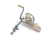 Vintage Juicer Grinder Fruit Grapes Cherries Silver Metal Wooden Handle Crank Clamp Primitive Rustic Industrial Country Farmhouse Kitchen