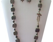 Stone Bead Necklace & Drop Earrings Set / Soft Grey Tone Chicklet Squares / OOAK