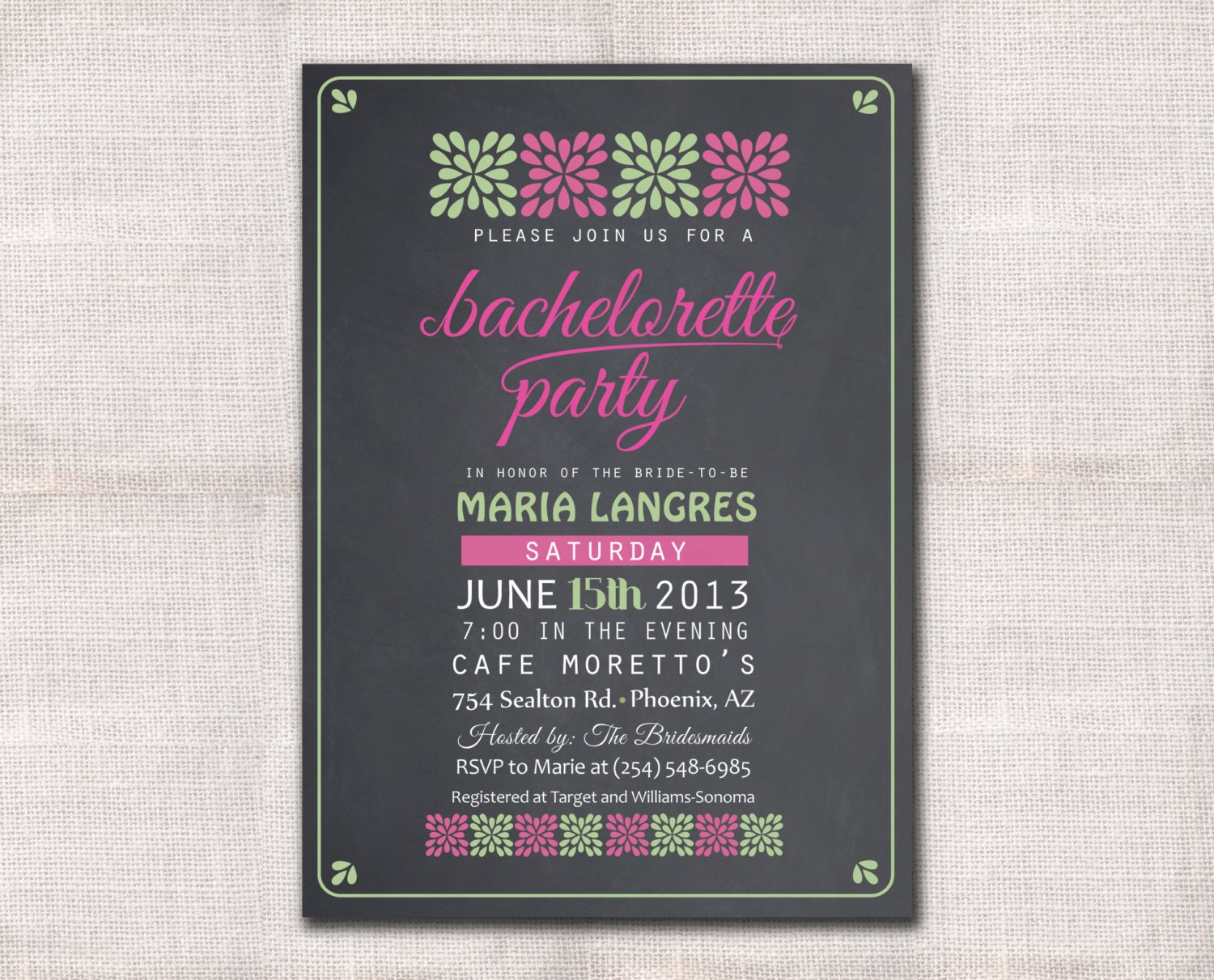 5x7 Bachelorette Party Invitation custom printable