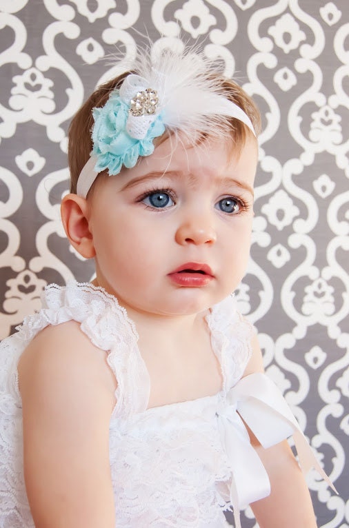 Baby Headband Shabby Chic  Headband Baby bow, feather headband, newborn headband, toddler headband, aqua