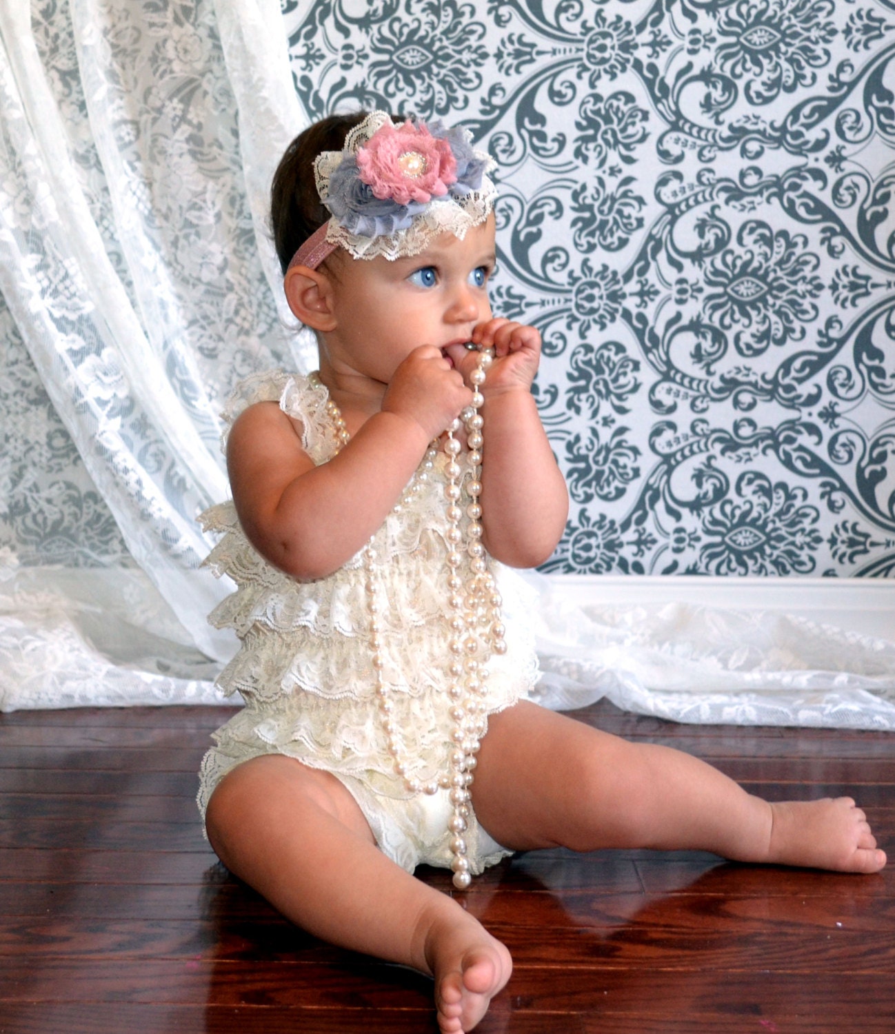 Baby Headband Mauve Gray Vintage Headband Shabby Headband Baby Bows girl Headband Hair bow Flower Headband Newborn Headband