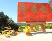 Peacock Feathers on Red Background Mini Canvas with Gold Easel, Peacock Feathers Art, Mini Art, Mini Easel