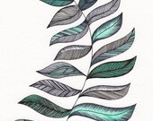 Turquoise & Black Fern Art Drawing 8x10" Print Unframed