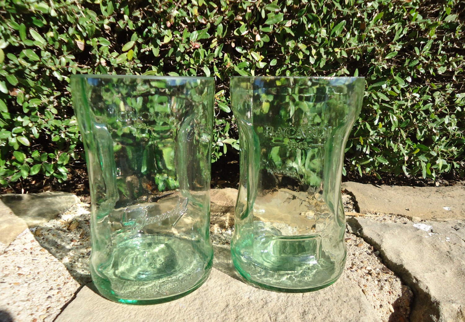 Bacardi Drinking Glasses made from Large Recycled Bacardi Rum Bottles with Handles Set of 2