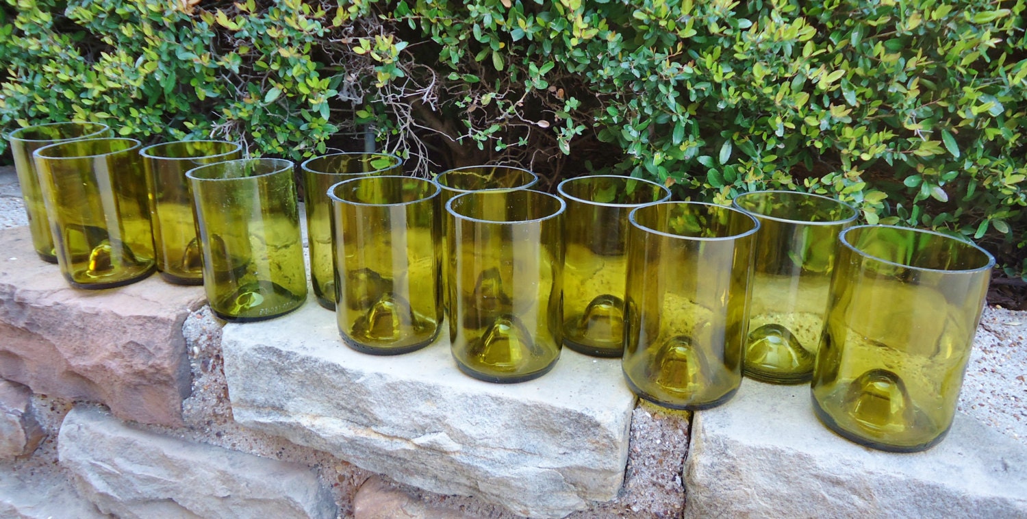 Recycled Chartreuse Wine Bottle Glasses made from Yellow Wine Bottles 12oz  Set of 12