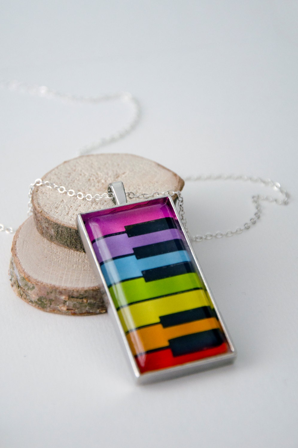 Rainbow Piano Keys - Rectangular Pendant, Charm, Necklace - Colored by hand