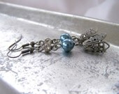 Vintage-Inspired Blue and Brushed Silver Beaded Dangle Earrings - Long Earrings - Handmade Jewelry - Ready to Ship