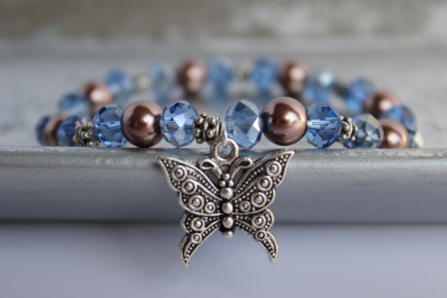 Brown and Blue Beaded Stretch Bracelet with Silver Butterfly Charm - Handmade Jewelry - Ready to Ship