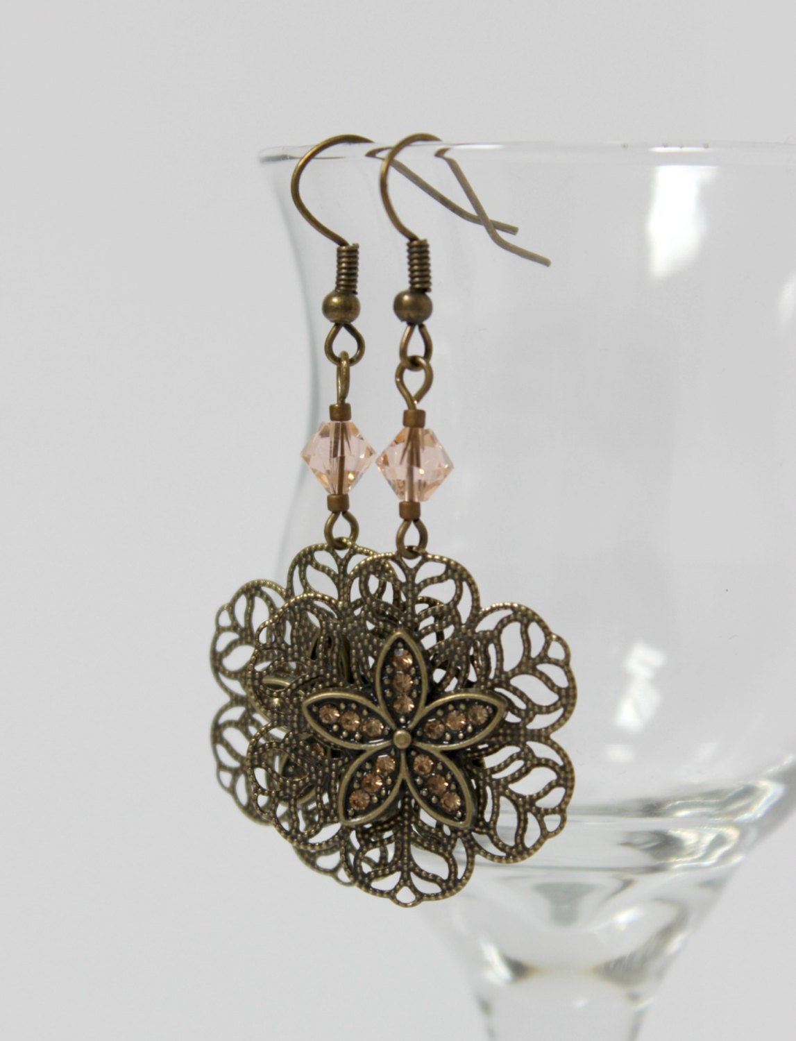 Antiqued Gold and Peach Swarovski Dangle Filigree and Crystal Earrings - Long Earrings - Handmade Jewelry - Ready to Ship