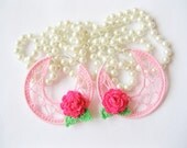 Pink Crocheted Spider Hoops Earings with Hot Pink Flowers Dangle Gossamer Lace Jewelry for Summer