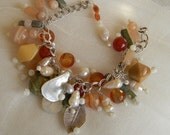 Sterling silver charm bracelet with gemstones beaded jewelry , double link silver chain , baroque pearls & chalcedony beads charms ,handmade