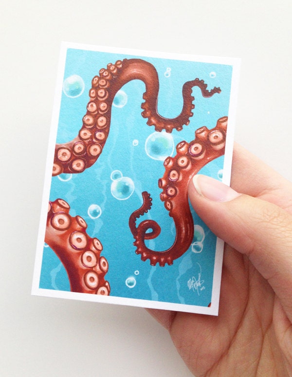 Tentacles - ACEO archival print - digital painting of octopus limbs - summer nautical themed art - sea creatures, cephalopod, invertebrates