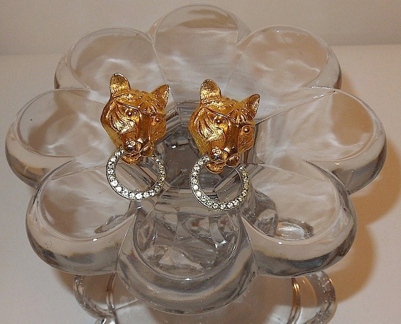 Vintage KJL Kenneth J Lane Lion Panther Tiger Gold Tone & Rhinestone Clip Earrings, Signed