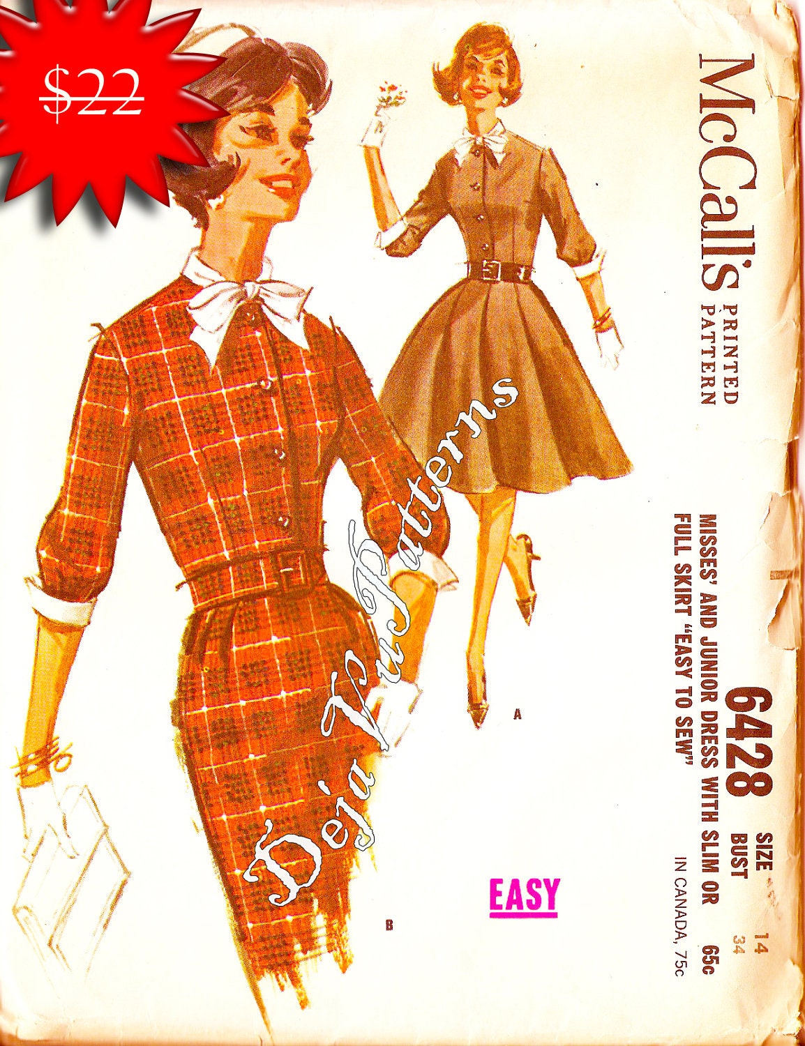 CLEARANCE  McCall's 6428 Vintage 1960s Jackie O Dress with Slim or Full Gored Skirts Sewing Pattern Size 12 RARE