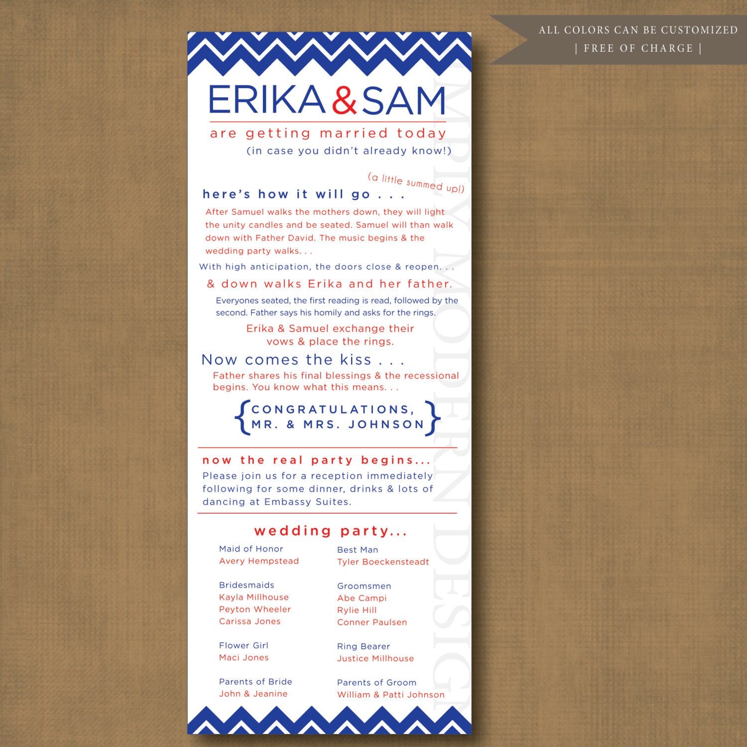Modern, Chevron Inspired Funny Printable Wedding Ceremony Program - Custom Colors - DIY Printable - Digital File